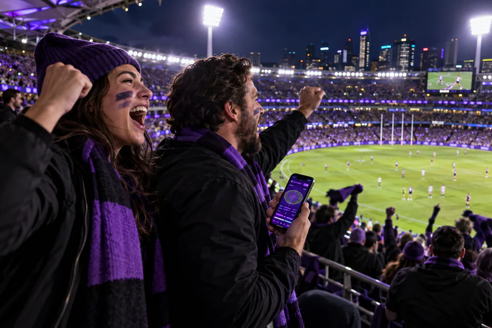 Australian footy supporters celebrating under stadium lights
