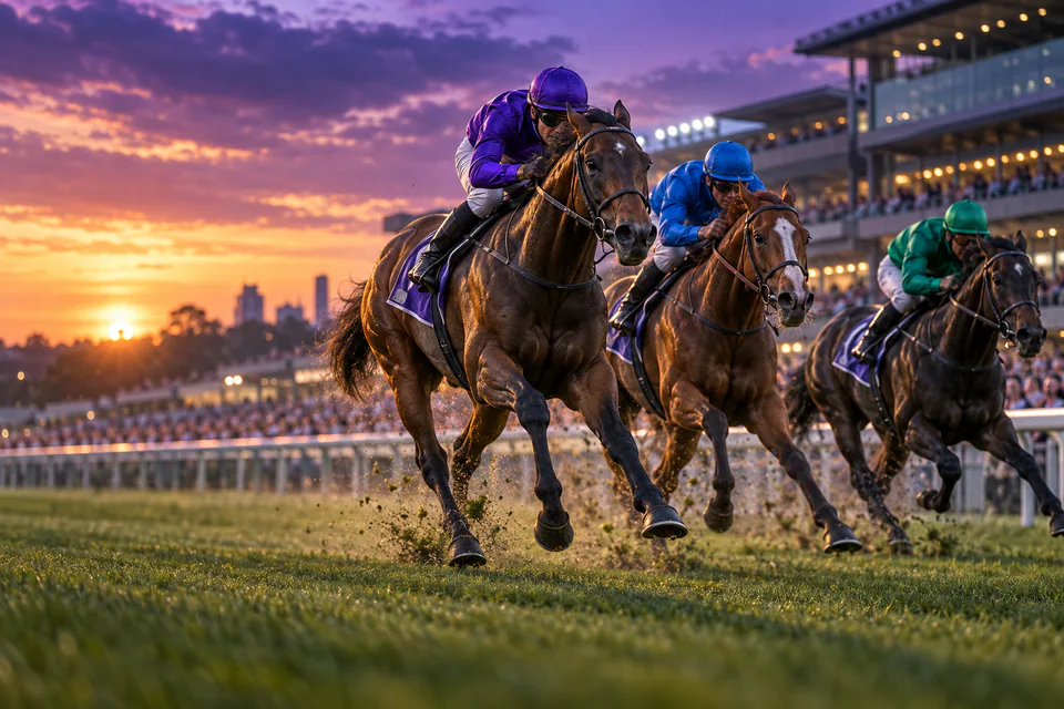 Three racehorses charging down the final straight at sunset