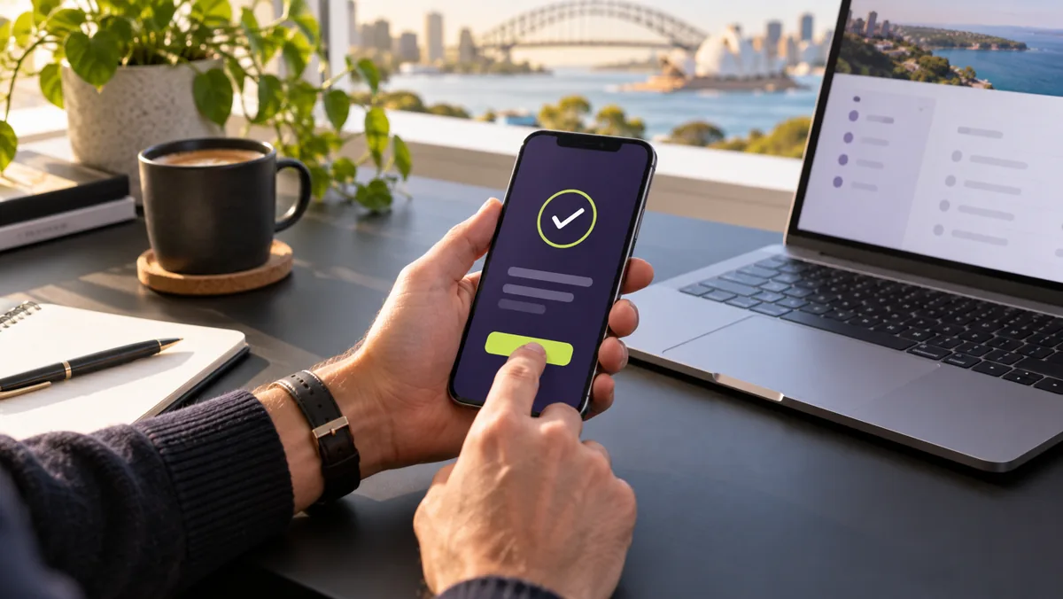 Adult checking a secure payment confirmation on a smartphone in Sydney