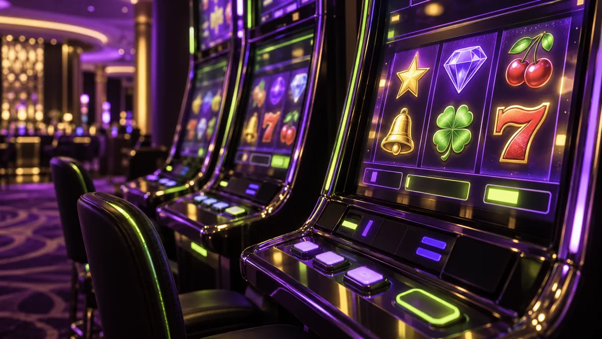 Modern electronic gaming machines in purple and lime light