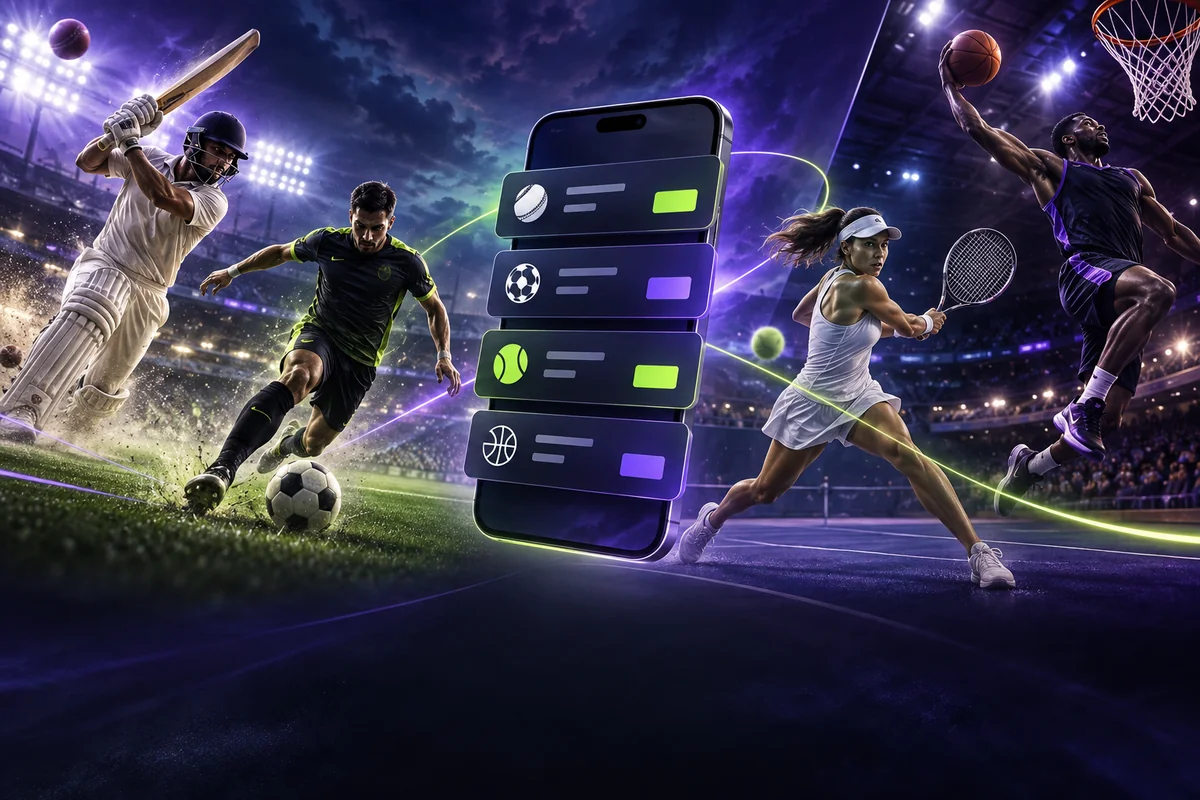 Multiple live event panels arranged around a mobile interface