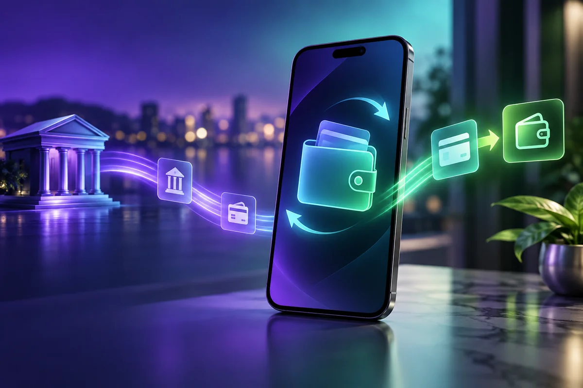 Digital wallet and bank transfer flow in purple and lime