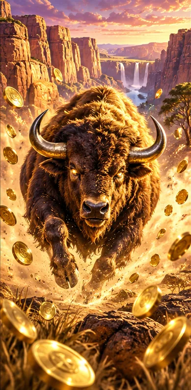 Buffalo charging through a golden canyon with coins