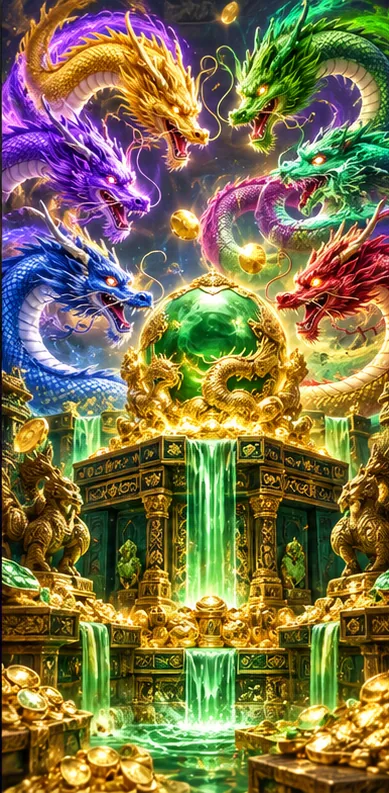 Five colourful dragons flying around a jade treasure chamber