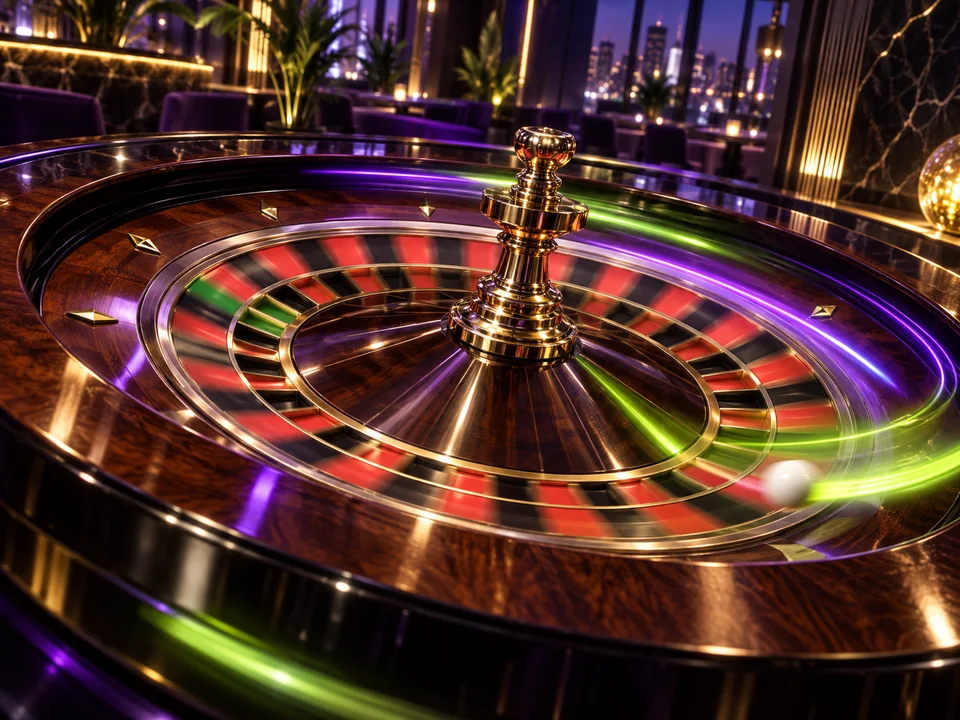 Roulette wheel in motion under purple and lime lights